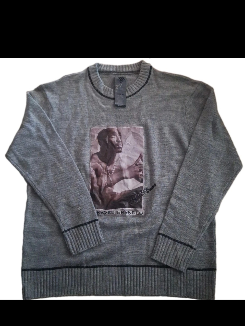 VTG Makaveli Branded Tupac Shakur Knit Sweater Size XL Gray 2Pac Rap Tee Y2K